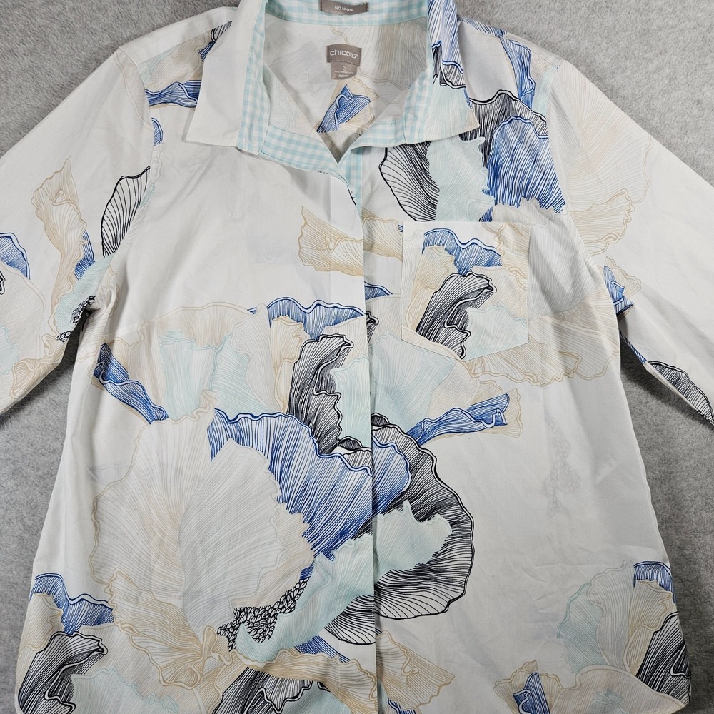 Chico's Women's Sz 12/14 Floral 3/4 Sleeve No Iron Button Up Artsy Blouse - Picture 2 of 11